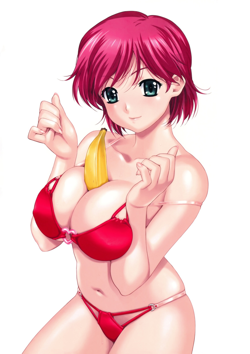 absurdres banana between_breasts bikini blue_eyes breasts cleavage female food fruit happoubi_jin highres iihara_nao large_breasts looking_at_viewer navel o-ring o-ring_bottom o-ring_top pink_hair red_bikini resort_boin sexually_suggestive shiny_skin short_hair simple_background skindentation smile solo strap_slip swimsuit white_background