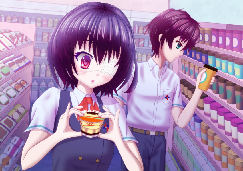 1boy another black_hair blush brown_hair commentary_request convenience_store eyepatch female food green_eyes heart heart-shaped_pupils koishi misaki_mei open_mouth pudding red_eyes sakakibara_kouichi school_uniform shop short_hair symbol-shaped_pupils yomiyama_north_junior_high_school_uniform