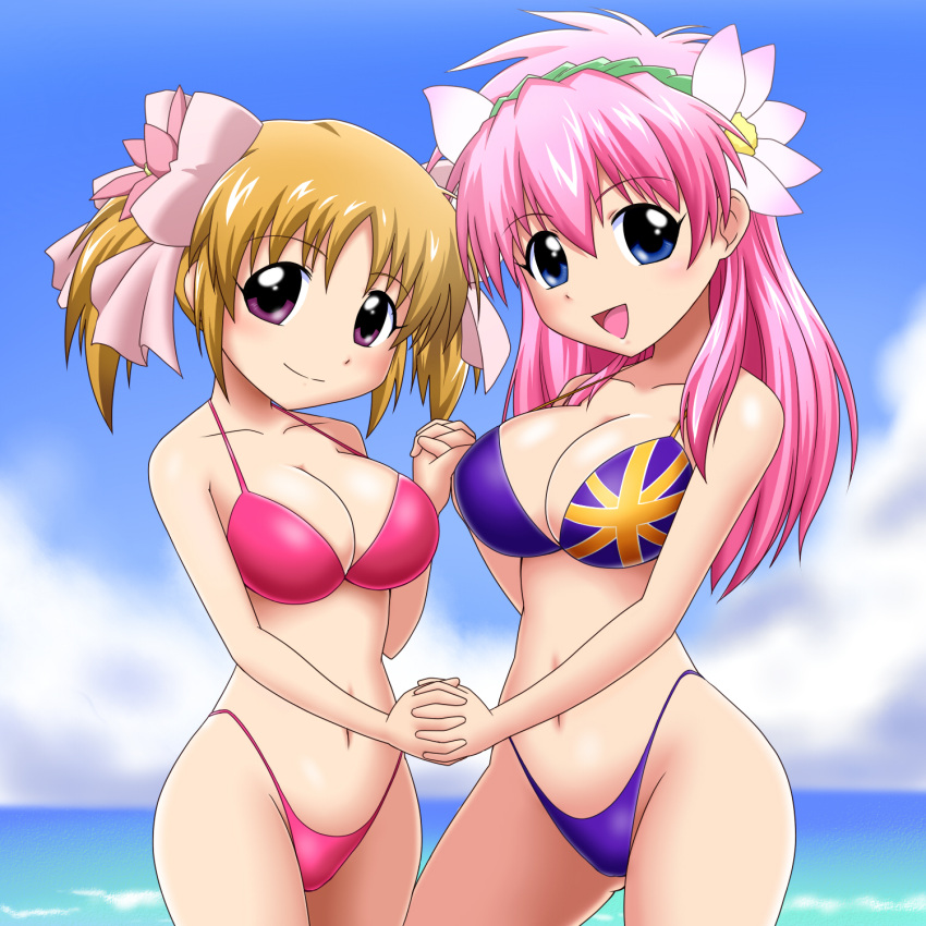 2girls apricot_sakuraba bikini blue_eyes blush breasts cleavage commentary_request commission commissioner_upload flag_print flower galaxy_angel galaxy_angel_rune goriate hair_flower hair_ornament highleg highleg_bikini highleg_swimsuit highres holding_hands interlocked_fingers large_breasts long_hair milfeulle_sakuraba multiple_girls navel open_mouth orange_hair pink_bikini pink_hair print_bikini purple_bikini purple_eyes short_twintails siblings sisters smile strap_gap swimsuit twintails union_jack union_jack_bikini