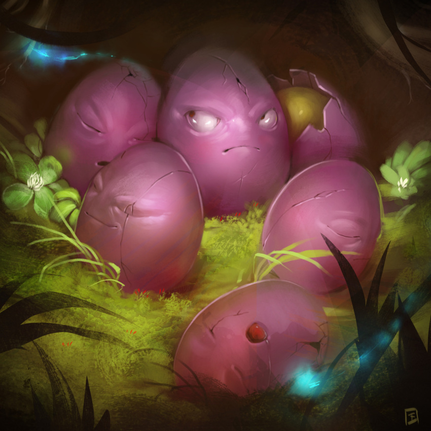 closed_eyes commentary exeggcute highres no_humans photoshop_(medium) pokemon pokemon_(creature) signature sleeping taylor_fischer