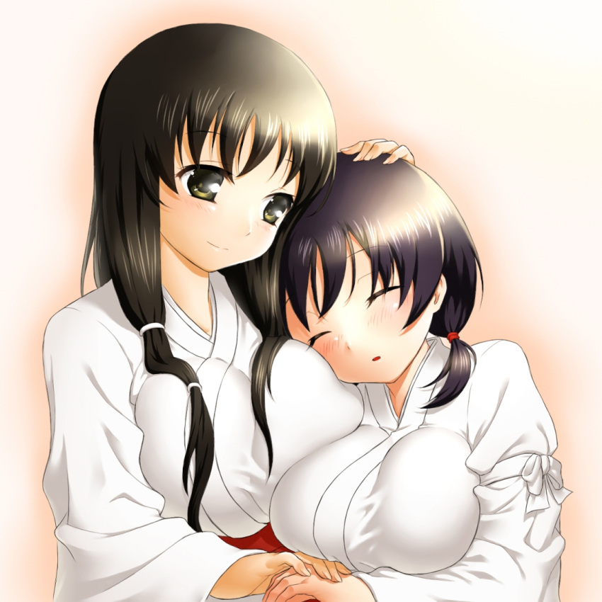 2girls bad_id bad_pixiv_id black_eyes black_hair blush breast_pillow breasts closed_eyes commentary_request hand_on_another's_head holding_hands hug iwato_kasumi japanese_clothes jindai_komaki large_breasts light_smile long_hair miko multiple_girls onsoku_inu paint.net_(medium) saki_(manga) short_hair