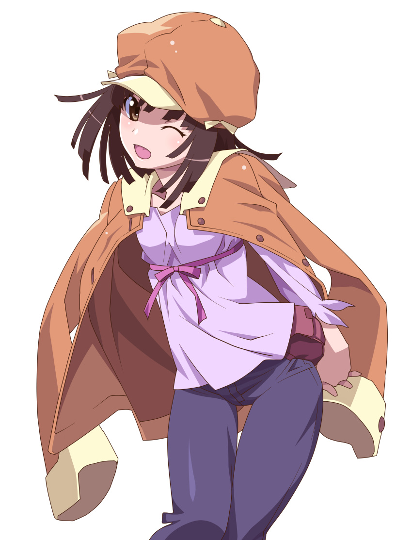 absurdres bakemonogatari brown_hair commentary_request female hat highres kokutou monogatari_(series) one_eye_closed sengoku_nadeko solo transparent_background