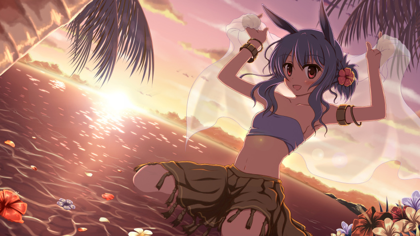 :d animal_ears arm_strap bad_id bad_pixiv_id bangle blue_hair blush bracelet djmax djmax_portable djmax_technika dutch_angle female flower hair_flower hair_ornament hibiscus highres ishida_seito jewelry navel ocean open_mouth outdoors partially_submerged petals photoshop_(medium) red_eyes sitting skirt smile solo strapless suee sunset tube_top water