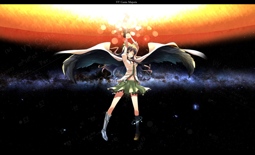 aiba_kou arm_cannon arm_up black_hair black_wings blush bow cape commentary_request female green_bow hairbow highres long_hair one_eye_closed red_eyes reiuji_utsuho skirt smile solo third_eye touhou weapon wings