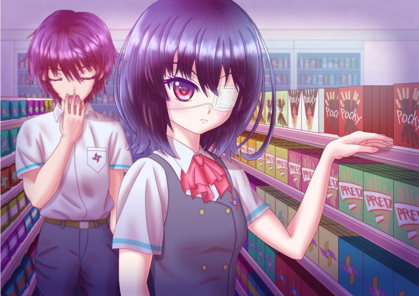 1boy another black_hair brown_hair closed_eyes commentary_request convenience_store eyepatch female food koishi misaki_mei pocky red_eyes sakakibara_kouichi school_uniform scowl shop short_hair skull symbol-shaped_pupils yomiyama_north_junior_high_school_uniform