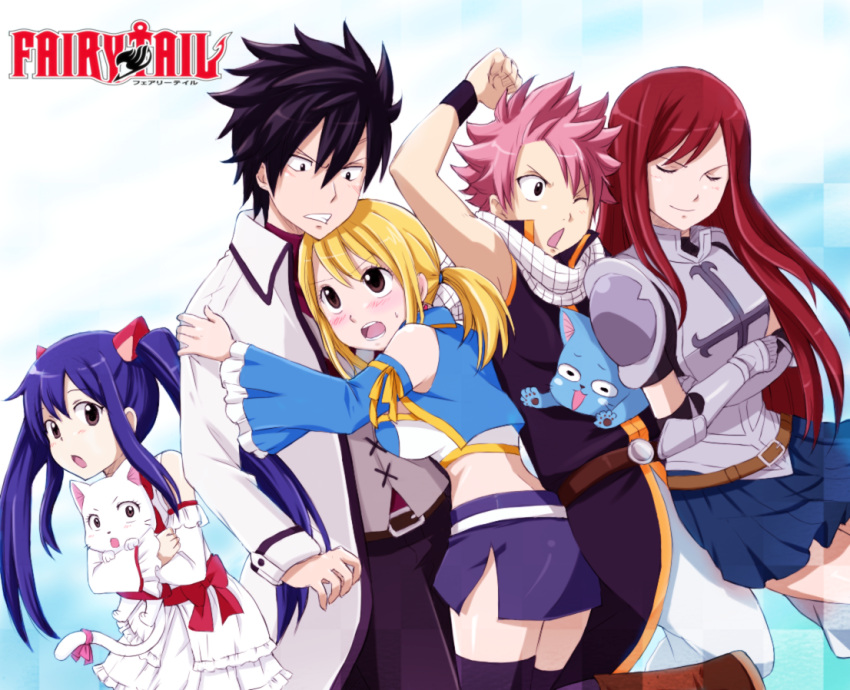 2boys 3girls ami_(wonderland99) armor armored_dress belt black_eyes black_hair blonde_hair blush brown_eyes charle_(fairy_tail) closed_eyes commentary_request copyright_name detached_sleeves dress erza_scarlet fairy_tail feline gauntlets gray_fullbuster happy_(fairy_tail) hug lucy_heartfilia miniskirt multiple_boys multiple_girls natsu_dragneel pink_hair purple_hair red_hair ribbon scarf skirt smile tail tail_ornament tail_ribbon teeth thighhighs twintails wendy_marvell