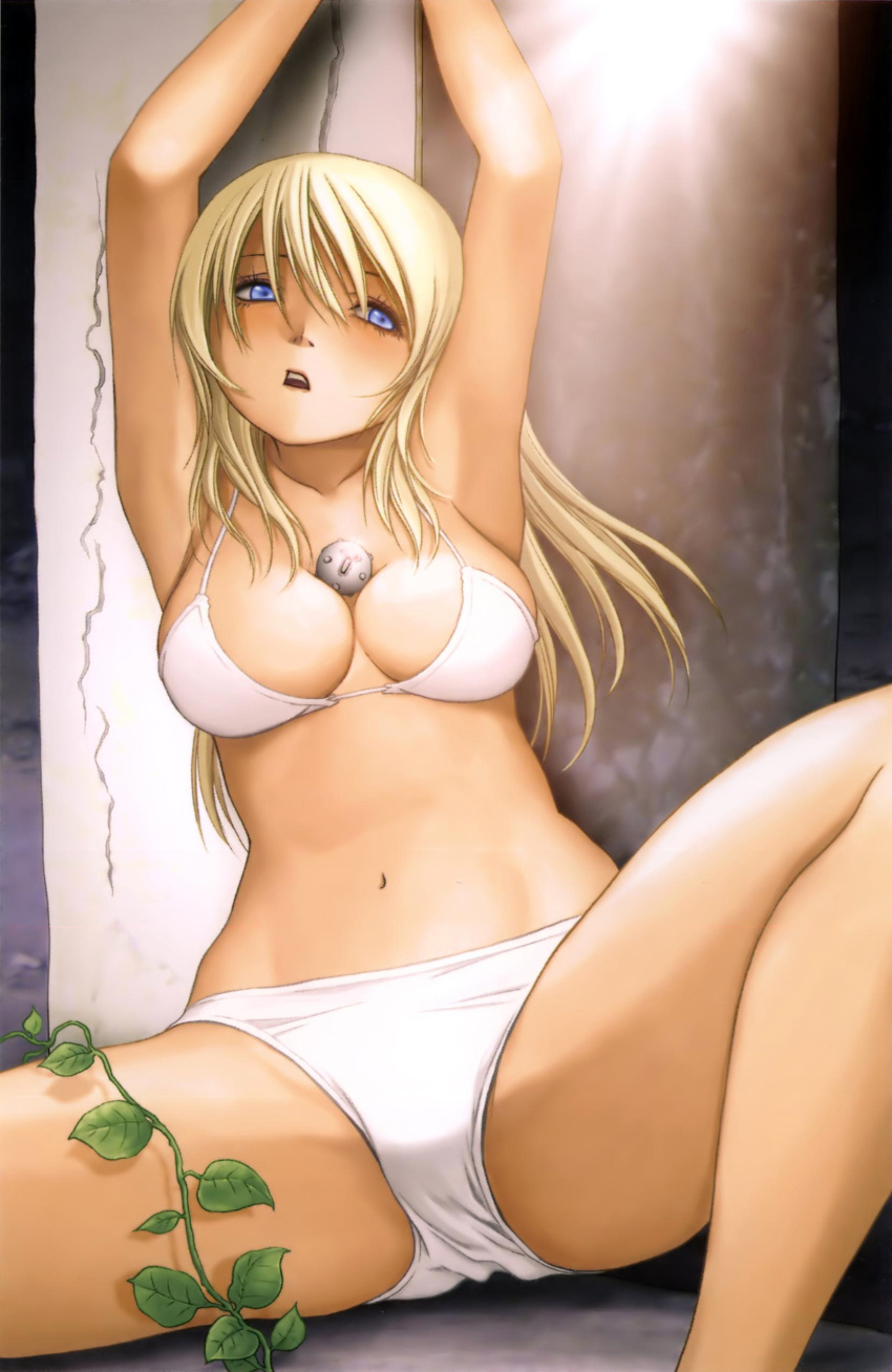 absurdres arms_up bare_shoulders between_breasts bikini blonde_hair blue_eyes bomb breasts btooom! cleavage explosive female highres himiko_(btooom!) inoue_jun'ya long_hair medium_breasts navel official_art open_mouth photoshop_(medium) scan sitting solo spread_legs swimsuit white_bikini