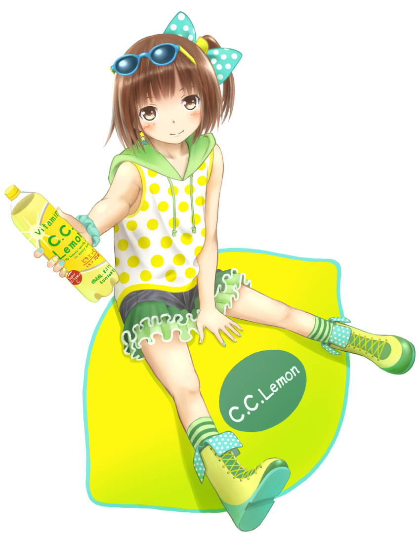 bad_id bad_pixiv_id bow brown_eyes brown_hair c.c._lemon female glasses hair_ribbon highres looking_at_viewer photoshop_(medium) ribbon shoes short_hair skirt socks solo sunglasses taka_(tsmix)