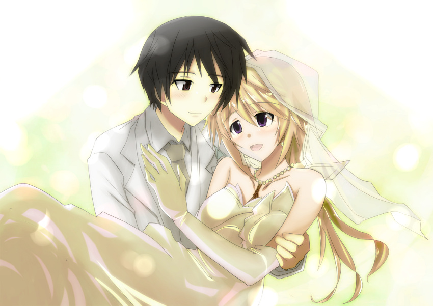 1boy bare_shoulders black_hair blonde_hair bridal_veil carrying charlotte_dunois commentary_request dress female infinite_stratos jewelry long_hair necklace necktie orimura_ichika princess_carry short_hair tobiuo_(62masa62) veil wedding_dress