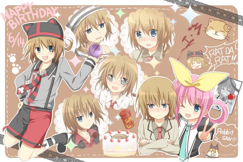 +_+ 2girls :d ;d apple bad_id bad_pixiv_id blue_eyes blush brown_hair cake crossed_arms dated english_text feline food fruit hair_rings happy_birthday hat holding kamaboko_(milky_holmes) kaname_ihnk multiple_girls multiple_views necktie one_eye_closed open_mouth pink_hair rat_(milky_holmes) sherlock_shellingford shorts smile sparkle tantei_opera_milky_holmes