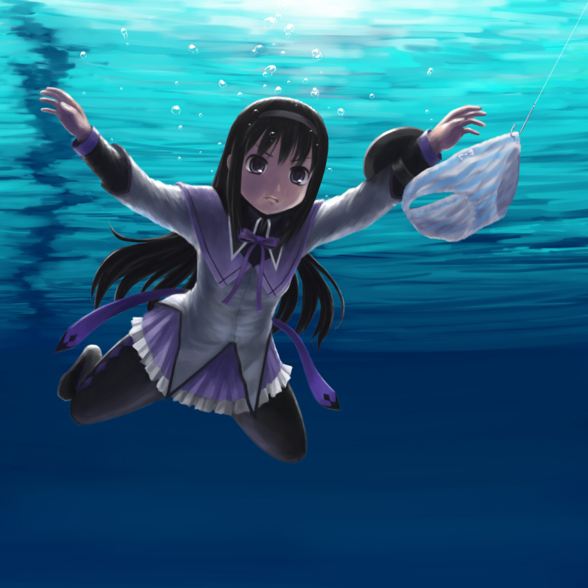 air_bubble akemi_homura akemi_homura_(magical_girl) album_cover album_cover_redraw black_hair black_pantyhose bow bubble commentary_request cover derivative_work diving female female_pervert fishing_hook fishing_line fishing_lure hairband highres long_hair magical_girl mahou_shoujo_madoka_magica mahou_shoujo_madoka_magica_(anime) nevermind nirvana_(band) panties pantyhose parody pervert purple_eyes shield shirt skirt sokushinbutsu solo striped_clothes striped_panties underwater underwear