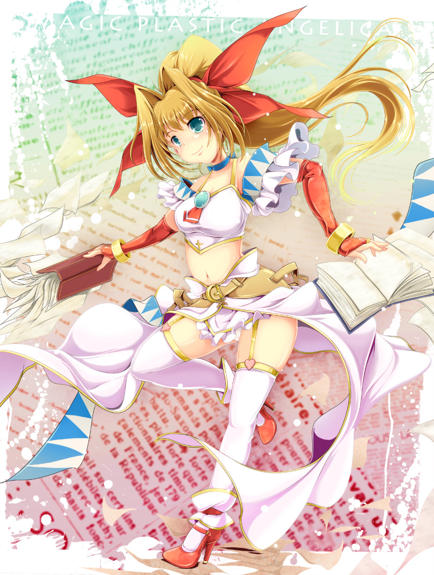 book bow commentary_request female garter_straps hairbow high_heels highres ichirino_minagi long_hair magical_girl midriff navel original shoes solo thighhighs