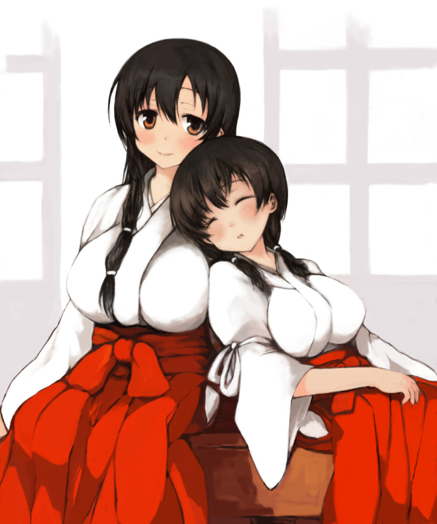 2girls bad_id bad_pixiv_id blush breasts brown_eyes brown_hair closed_eyes highres iwato_kasumi japanese_clothes jindai_komaki large_breasts leaning light_smile long_hair miko multiple_girls oimu_(ununsan) saki_(manga) sitting sleeping twintails