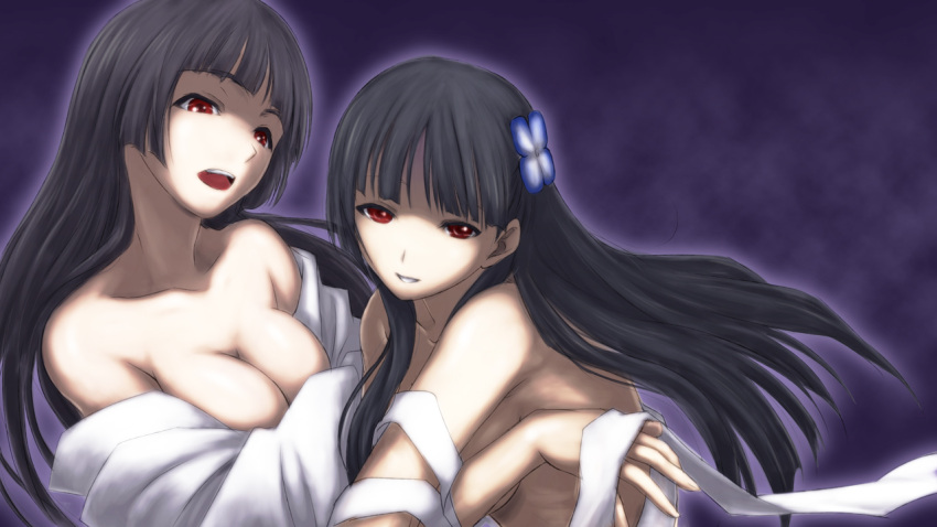 2girls black_hair breasts cleavage commentary_request crossover flower hair_ornament hime_cut hydrangea iga_tomoteru kanoe_yuuko long_hair look-alike medium_breasts multiple_girls red_eyes sanka_rea sankarea season_connection tasogare_otome_x_amnesia