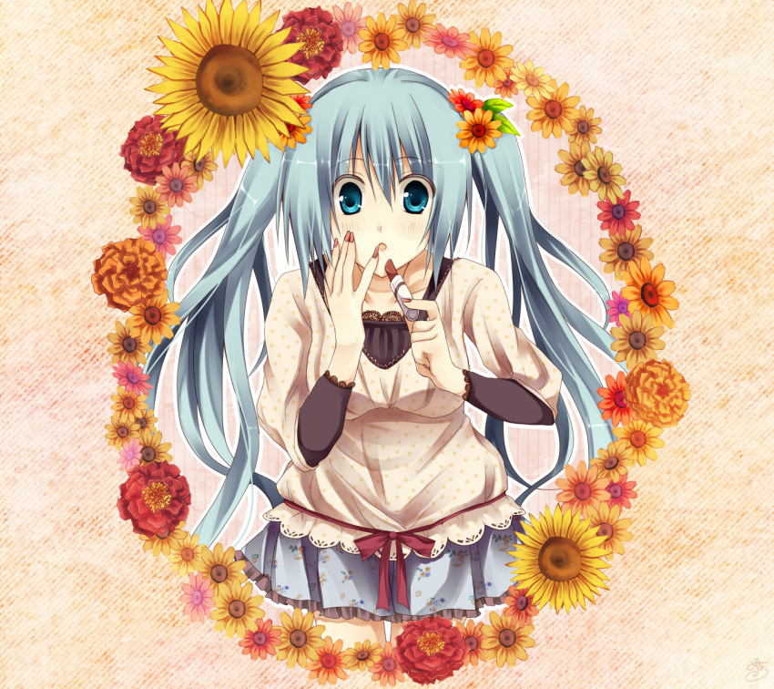 :o applying_makeup aqua_eyes aqua_hair bad_id bad_pixiv_id beige_background beige_shirt blush cosmetics cowboy_shot female flower flower_border grey_skirt hair_flower hair_ornament hand_on_own_cheek hand_on_own_face hatsune_miku highres holding holding_lipstick_tube lace-trimmed_sleeves lace_trim layered_sleeves leaning_forward lipstick lipstick_tube long_hair long_sleeves makeup miniskirt mizuki_hau nail_polish open_mouth polka_dot polka_dot_shirt print_skirt red_nails shirt short_over_long_sleeves short_sleeves skirt solo sunflower twintails very_long_hair vocaloid wide-eyed