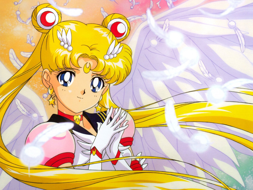 bishoujo_senshi_sailor_moon bishoujo_senshi_sailor_moon_sailor_stars blonde_hair blue_eyes crescent double_bun earrings eternal_sailor_moon feathers female gloves hands_on_own_chest hands_to_chest highres jewelry long_hair magical_girl odango official_art sailor sailor_moon sailor_uniform smile solo tsukino_usagi wings