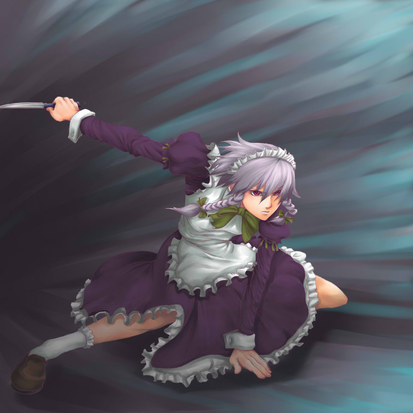 apron bad_id bad_pixiv_id blue_background braid dress female highres izayoi_sakuya light_purple_hair long_sleeves maid maid_headdress outstretched_arm pose puffy_sleeves purple_dress purple_eyes scottie_(phantom2) serious short_hair socks solo touhou twin_braids white_socks