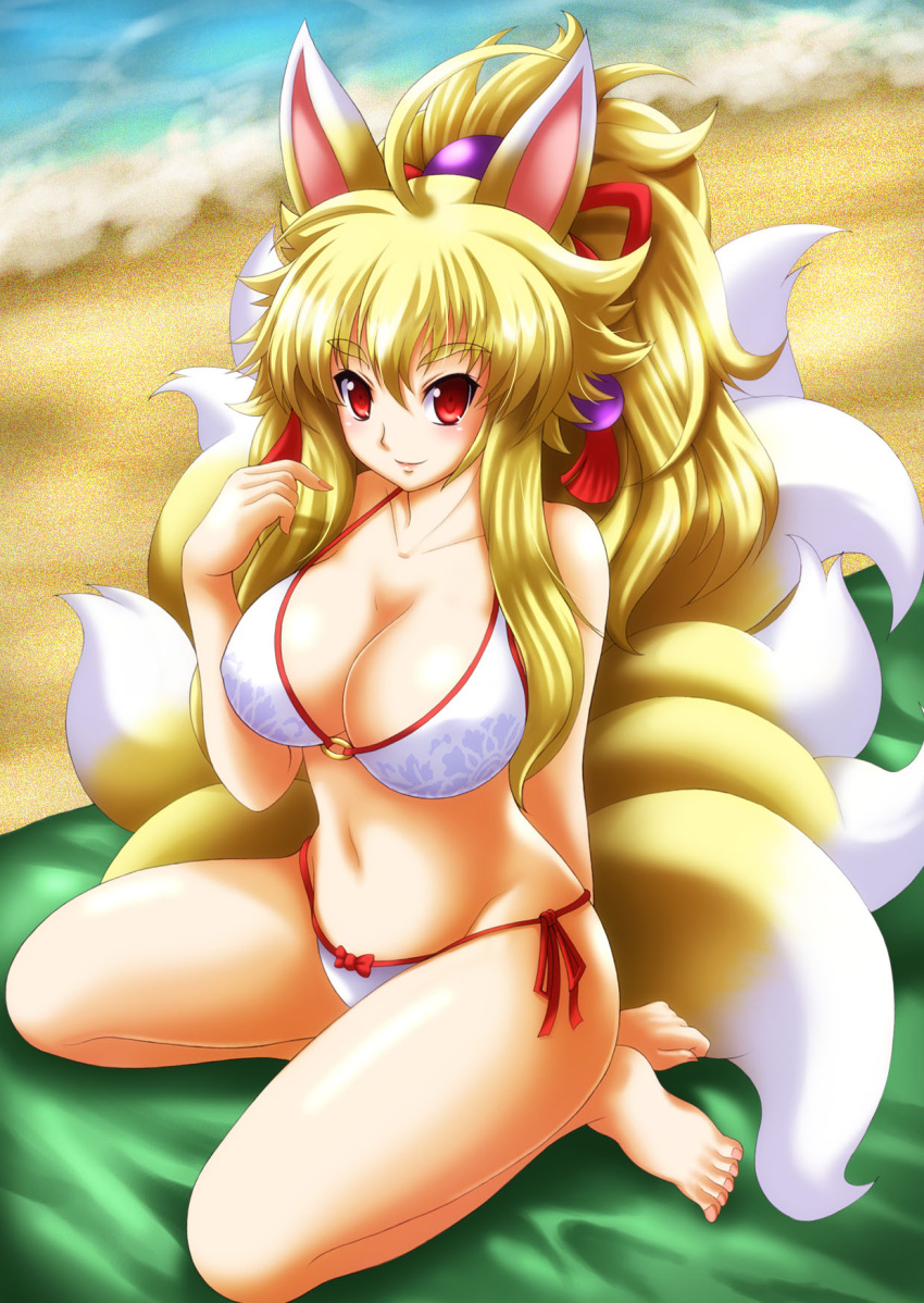 ahoge animal_ears beach beach_towel bikini blonde_hair breasts cleavage commentary_request eyebrows female fingernails fox_ears fox_tail hair_ornament highres huge_breasts izuna_(shinrabanshou) kitsune kittan_(cve27426) kneeling kyuubi legs lips long_hair looking_at_viewer multiple_tails navel o-ring o-ring_top ocean photoshop_(medium) red_eyes sand seiza shinrabanshou side-tie_bikini_bottom sitting smile solo swimsuit tail thighs toenails towel