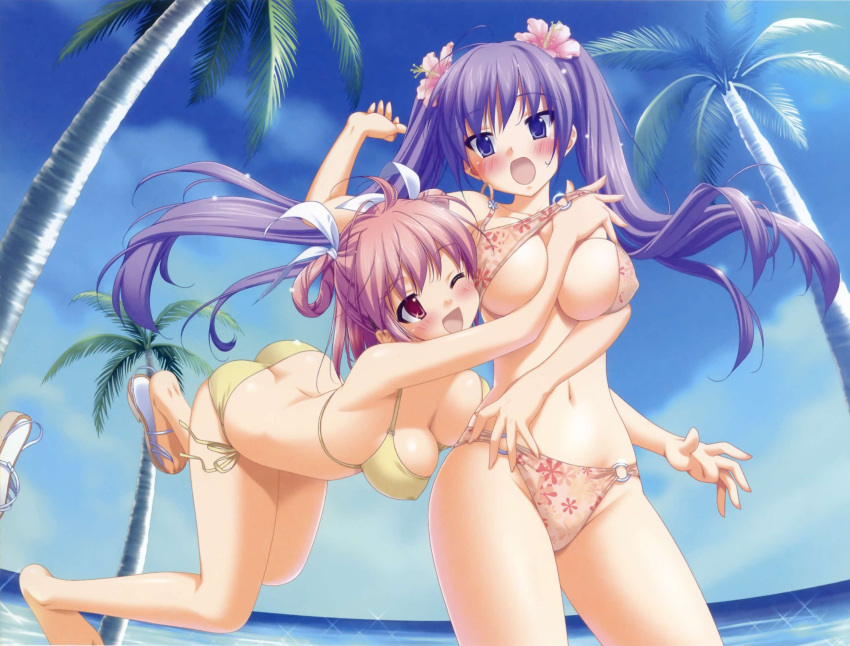 2girls :o ;d bad_link beach bikini bikini_top_lift blush bra breasts butt_crack clothes_lift copyright_request covered_nipples flower front-tie_top hair_flower hair_ornament hand_in_bra hibiscus highres hug kani_biimu large_breasts lifting_another's_clothes long_hair multiple_girls o-ring o-ring_bottom o-ring_top one_eye_closed open_mouth outdoors palm_tree photoshop_(medium) sandals scan side-tie_bikini_bottom smile swimsuit third-party_edit tree twintails underboob underwear very_long_hair