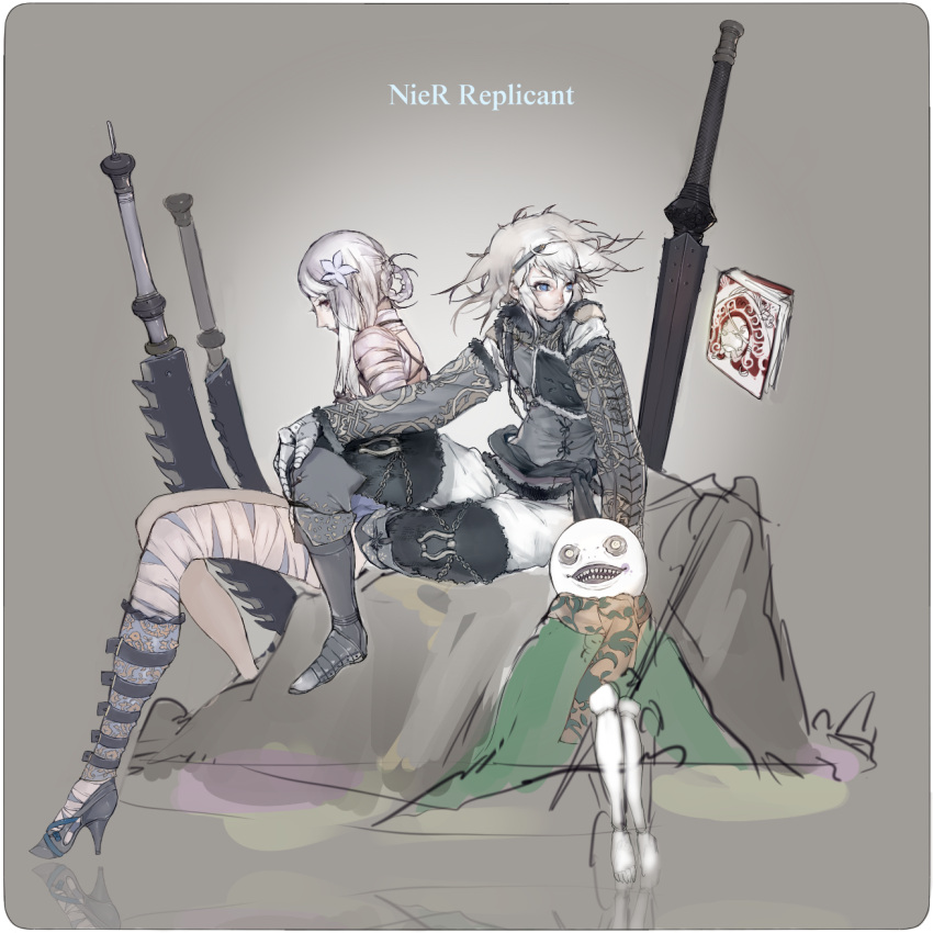 2boys bandages book commentary_request emil_(nier) female grimoire_weiss highres kaine_(nier) multiple_boys nier nier_(brother) nier_(series) scarf sword tashiro_tojio weapon white_hair