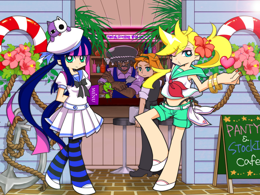 2boys 2girls afro bad_id bad_pixiv_id blonde_hair brief_(psg) chuck_(psg) crop_top freckles garterbelt_(psg) honekoneko_(psg) multiple_boys multiple_girls panties panty_&_stocking_with_garterbelt panty_(psg) pantyhose photoshop_(medium) sailor_collar siblings side-tie_panties sisters stocking_(psg) underwear yasuke_(1645537)