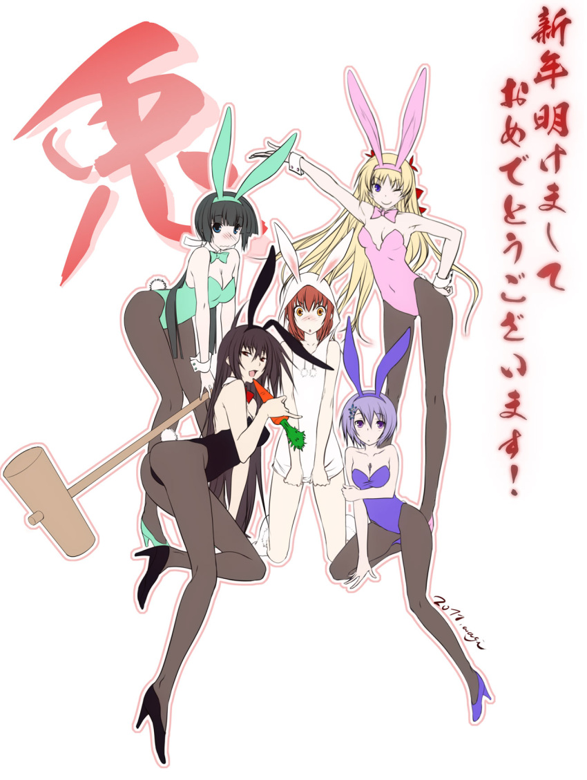 5girls :o animal_ears between_breasts black_hair blonde_hair blue_eyes blush breasts brown_hair carrot christiane_friedrich cleavage eating embarrassed green_hair hammer high_heels highres hood hoodie kawagishi_keitarou kawakami_kazuko kawakami_momoyo long_hair looking_at_viewer maji_de_watashi_ni_koi_shinasai! mayuzumi_yukie medium_breasts multiple_girls pantyhose playboy_bunny purple_eyes purple_hair rabbit_ears red_eyes ribbon shiina_miyako shoes short_hair smile very_long_hair yellow_eyes