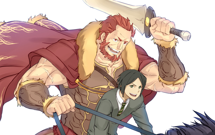 2boys armor beard black_hair bucephalus_(fate) cape commentary_request facial_hair fate/zero fate_(series) green_eyes highres horse iskandar_(fate) male_focus multiple_boys necktie red_eyes red_hair scar sword velzhe waver_velvet weapon