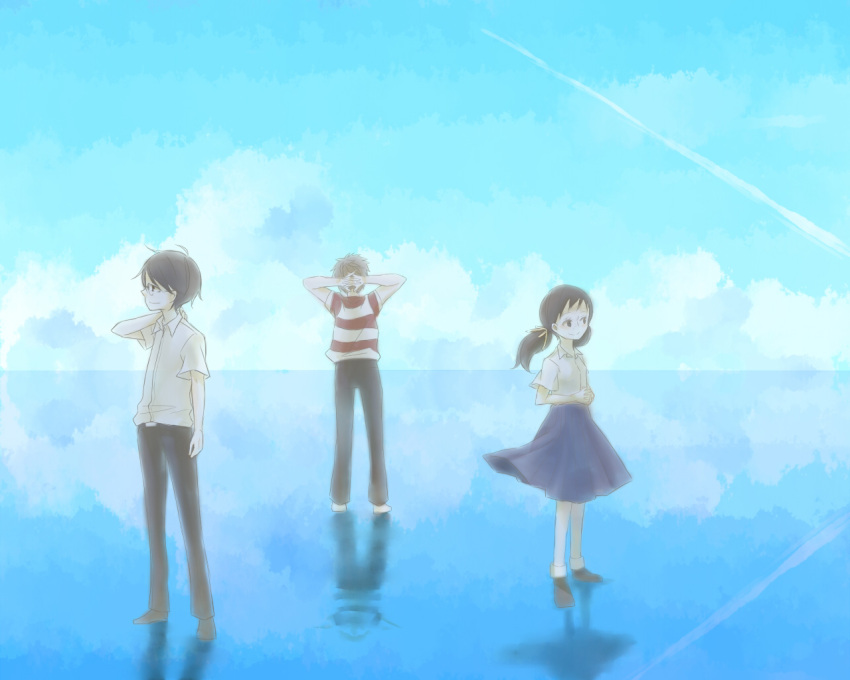 2boys back-to-back bad_id bad_pixiv_id blue_theme cloud contrail day female glasses hair_ribbon hands_on_own_head happy kawabuchi_sentarou mukae_ritsuko multiple_boys nishimi_kaoru reflection ribbon sakamichi_no_apollon sato25q shirt sky standing standing_on_liquid striped_clothes striped_shirt twintails