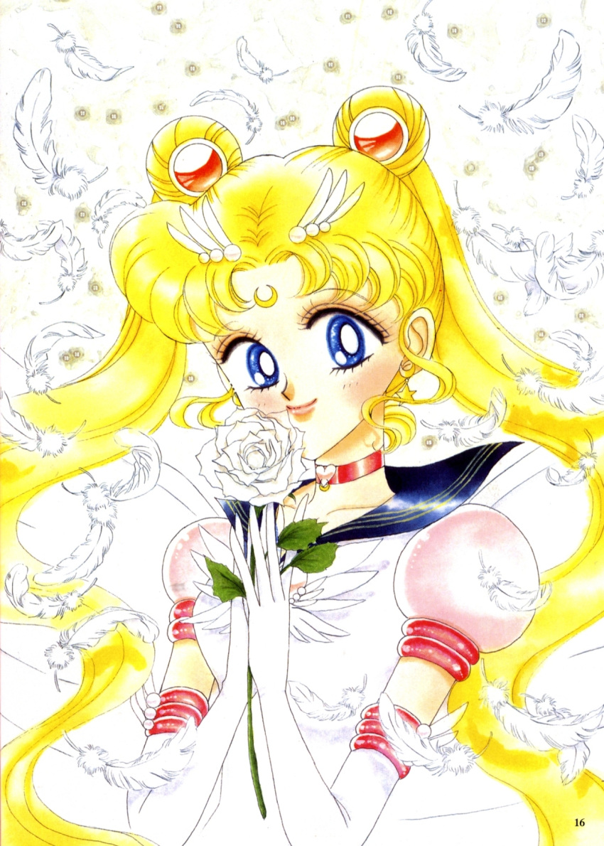 bishoujo_senshi_sailor_moon bishoujo_senshi_sailor_moon_sailor_stars blonde_hair blue_eyes blush crescent double_bun eternal_sailor_moon feathers feathers female flower gloves hands_on_own_chest hands_to_chest highres lips long_hair magical_girl odango rose sailor sailor_moon sailor_uniform smile solo tsukino_usagi twintails white_rose wings