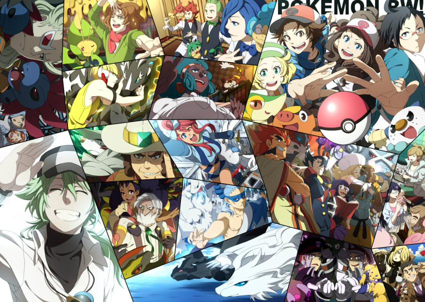 6+boys 6+girls absolutely_everyone alder_(pokemon) aurea_juniper bad_id bad_pixiv_id baseball_cap beard beartic bianca_(pokemon) black_hair blonde_hair blue_hair book bow bowtie brown_hair brycen_(pokemon) burgh_(pokemon) caitlin_(pokemon) cedric_juniper chandelure cheren_(pokemon) chili_(pokemon) cilan_(pokemon) clay_(pokemon) closed_eyes conkeldurr copyright_name cowboy_hat cress_(pokemon) cynthia_(pokemon) dark_skin drayden_(pokemon) elesa_(pokemon) emmet_(pokemon) everyone excadrill facial_hair fennel_(pokemon) galvantula garbodor ghetsis_(pokemon) glasses gloves green_hair grimsley_(pokemon) grin hat haxorus headphones hilbert_(pokemon) hilda_(pokemon) hydreigon ingo_(pokemon) iris_(pokemon) leavanny lenora_(pokemon) looker_(pokemon) marshal_(pokemon) mask metagross mibu_hajime minccino multiple_boys multiple_girls musharna n_(pokemon) one_eye_closed open_book oshawott panpour pansage pansear peaked_cap poke_ball poke_ball_(basic) poke_ball_print pokemon pokemon_(creature) pokemon_bw red_hair reshiram shauntal_(pokemon) siblings skyla_(pokemon) smile snivy sparkle swanna team_plasma team_plasma_grunt tepig traditional_bowtie twins volcarona watchog white_hair zebstrika zekrom