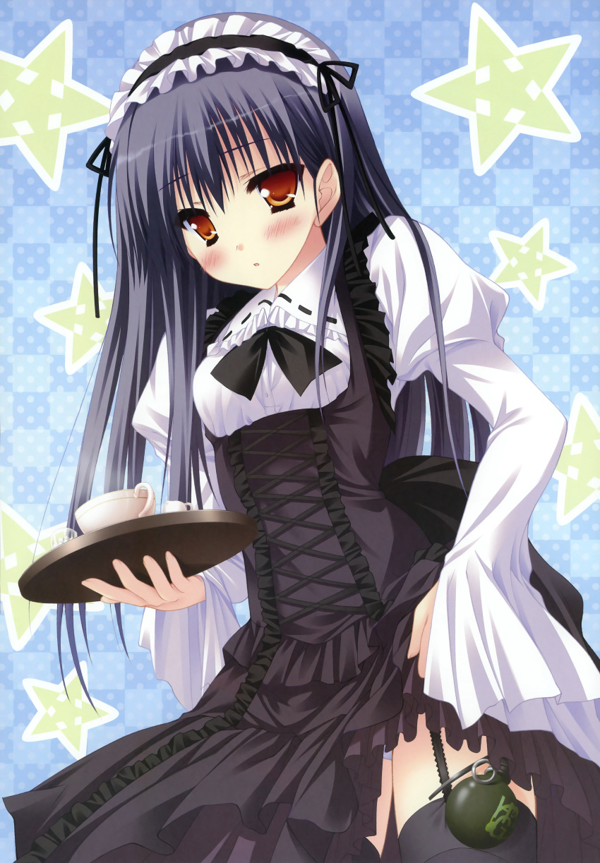 absurdres black_bow black_hair black_hairband black_legwear black_ribbon black_skirt blue_background blush bow breasts brown_eyes buttons checkered_background clothes_lift collared_shirt cowboy_shot creamer_(vessel) cross-laced_clothes cup embarrassed explosive female frilled_skirt frills from_side garter_straps gradient_background grenade hairband hello_good-bye high-waist_skirt highres holding holding_tray juliet_sleeves lace lifting_own_clothes lolita_fashion lolita_hairband long_hair long_sleeves looking_at_viewer looking_to_the_side moekibara_fumitake narrow_waist official_art paint.net_(medium) panties pantyshot parted_lips polka_dot polka_dot_background puffy_sleeves ribbon ribbon_trim rindou_natsume scan shirt skirt skirt_lift small_breasts standing star_(symbol) starry_background straight_hair sugar_cube suspender_skirt suspenders teacup thighhighs tray underbust underwear waitress white_panties white_shirt wide_sleeves zettai_ryouiki