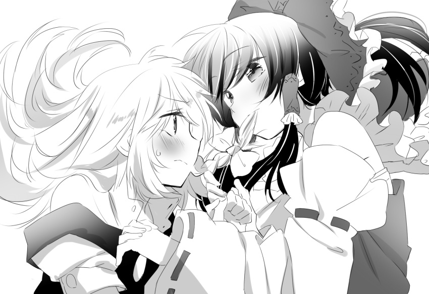 2girls blush bow braid commentary_request ema20 greyscale hair_in_own_mouth hair_tubes hairbow hakurei_reimu highres holding_hands interlocked_fingers kirisame_marisa long_hair monochrome mouth_hold multiple_girls short_hair touhou yuri