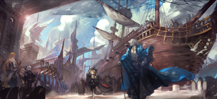 1boy 3girls 6+others alcd axe beard blonde_hair boots cane cape commentary_request eyepatch facial_hair hat highres long_hair multiple_girls multiple_others open_mouth photoshop_(medium) pixiv_fantasia pixiv_fantasia_sword_regalia purple_hair red_eyes sail sailing_ship ship watercraft weapon white_hair