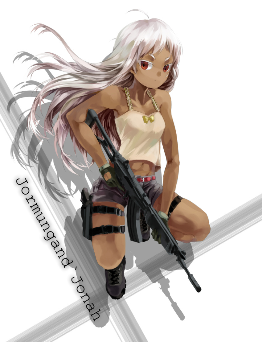 ahoge assault_rifle bad_id bad_pixiv_id belt boots breasts dark-skinned_female dark_skin female genderswap_(mtf) gun handgun highres holster imi_galil johnathan_mar jormungand_(manga) long_hair looking_at_viewer medium_breasts midriff navel red_eyes rff_(3_percent) rifle rule_63 shadow shorts solo thigh_holster toned weapon white_hair