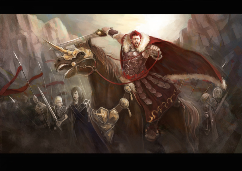 6+boys armor army beard black_hair blonde_hair bucephalus_(fate) cape commentary_request eumenes_(fate) facial_hair fate/zero fate_(series) flag foreverchaos horns horse ionioi_hetairoi_(fate) iskandar_(fate) letterboxed multiple_boys photoshop_(medium) polearm red_eyes red_hair single_horn soldier spear sword waver_velvet weapon