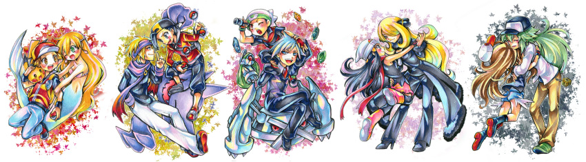 4girls 6+boys alternate_costume backpack backwards_hat bag baseball_cap beanie beldum black_hair blonde_hair blue_eyes blush boots brendan_(pokemon) brown_hair carrying closed_eyes coat commentary_request cynthia_(pokemon) dawn_(pokemon) earrings ethan_(pokemon) evolutionary_stone fingerless_gloves fire_stone formal gloves green_eyes green_hair grey_eyes grey_hair hair_ornament hat haunter headband high_heels highres hilda_(pokemon) holding holding_poke_ball hug jewelry kasumi_(pokemon) leaf leaf_stone long_hair mermaid mermaid_misty_(pokemon) metagross monster_girl morty_(pokemon) multiple_boys multiple_girls n_(pokemon) oerba_yun_fang open_mouth pikachu poke_ball poke_ball_(basic) pokemon pokemon_(anime) pokemon_(classic_anime) pokemon_(creature) pokemon_bw pokemon_dppt pokemon_emerald pokemon_frlg pokemon_hgss pokemon_rse poketch ponytail red_(pokemon) red_eyes ruku_(ruku_5050) scarf shell shell_bikini shoes short_hair shorts sitting skirt smile sneakers steven_stone stone straight suit telescope thighhighs thunder_stone traditional_media vest vs_seeker watch water_stone winter_clothes wristband wristwatch yuri