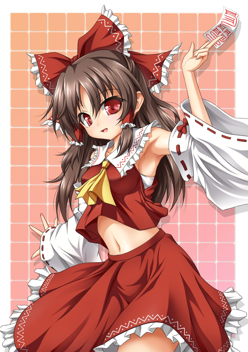 arm_up armpits bandages between_fingers bow brown_hair commentary_request detached_sleeves female hair_tubes hairbow hakurei_reimu highres holding long_hair looking_at_viewer midriff navel ofuda open_mouth red_eyes red_skirt roura shirt simple_background skirt skirt_set smile solo touhou