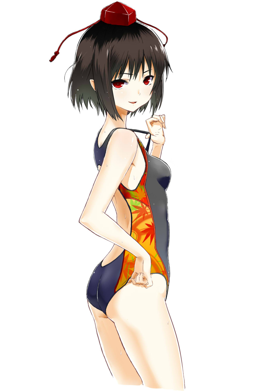 bare_shoulders bob_cut breasts brown_hair cl_(h-sys.) commentary_request competition_swimsuit female hat highres jpeg_artifacts leaf_print looking_at_viewer looking_back medium_breasts naughty_face one-piece_swimsuit pointy_ears print_swimsuit red_eyes shameimaru_aya short_hair simple_background smirk solo swimsuit swimsuit_tug tokin_hat touhou wet white_background