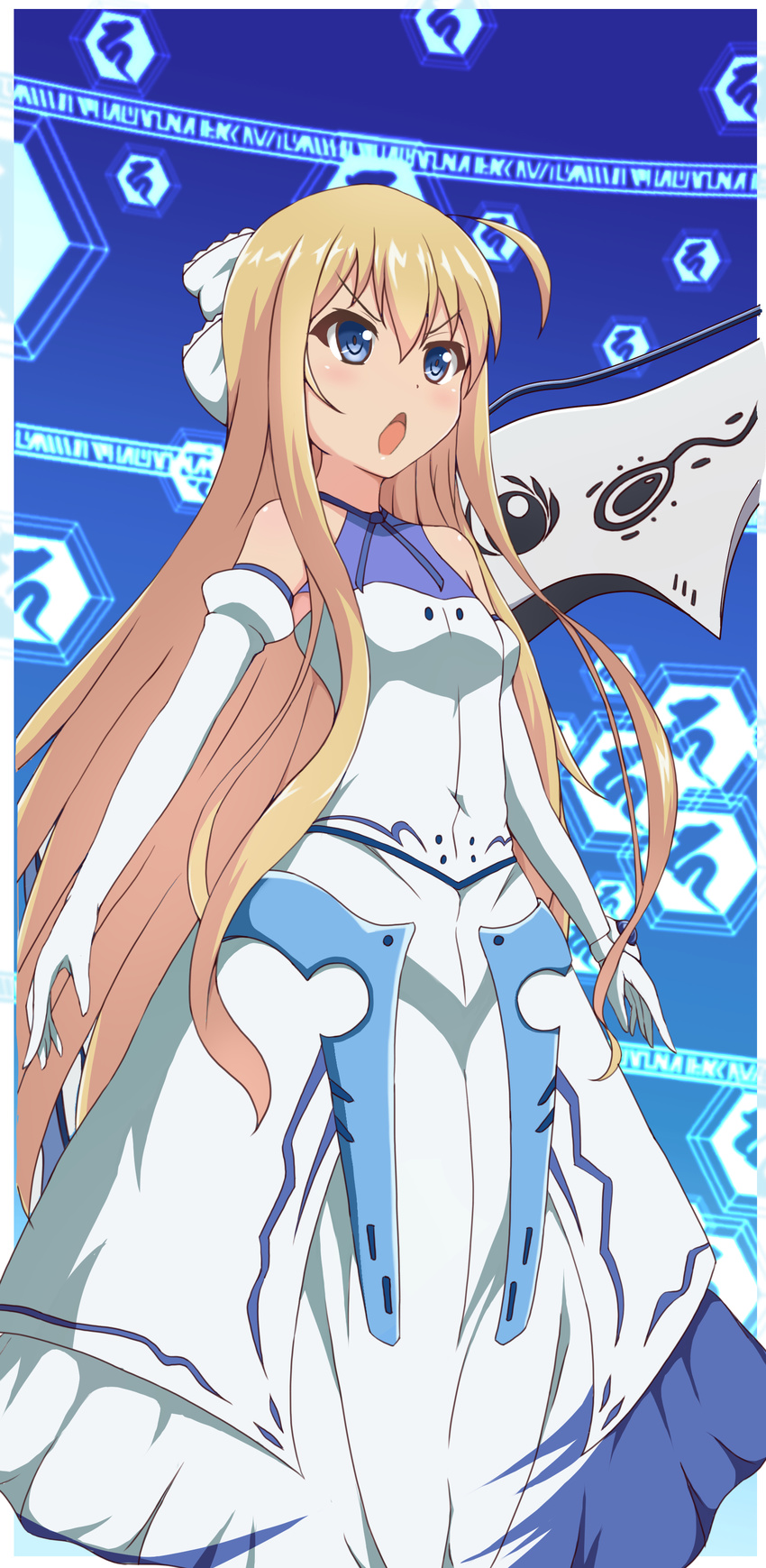 :o absurdres ahoge azusa_(sukumizuya) bare_shoulders blonde_hair blue_eyes bow commentary_request dress elbow_gloves female gloves hairbow highres long_hair rokujouma_no_shinryakusha!? solo theiamillis_gre_fortorthe v-shaped_eyebrows very_long_hair white_gloves