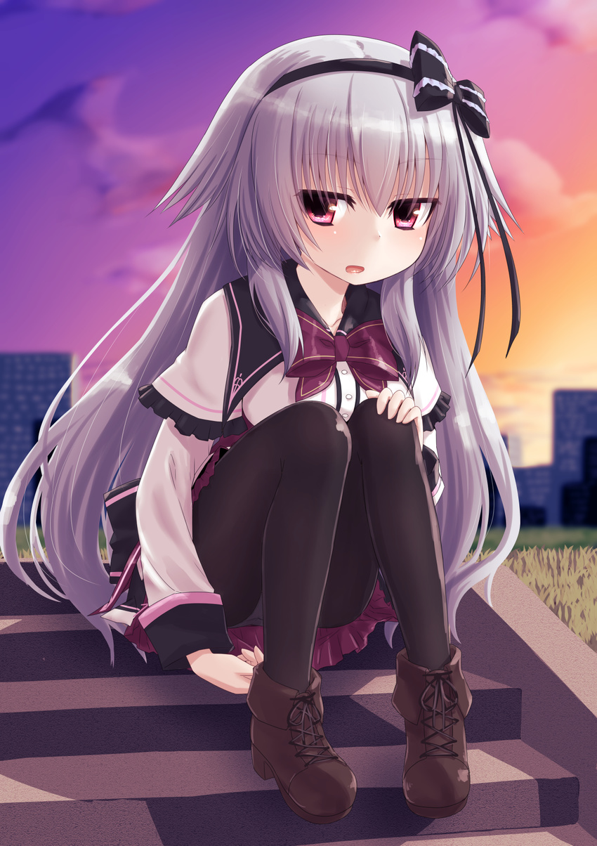 bad_id bad_pixiv_id black_pantyhose blush boots city cloud commentary_request cross-laced_footwear female full_body hair_ribbon highres lace-up_boots long_hair mizunashi_(second_run) narumi_toa outdoors panties pantyhose red_eyes ribbon silver_hair sky solo sun sunset underwear wagamama_high_spec