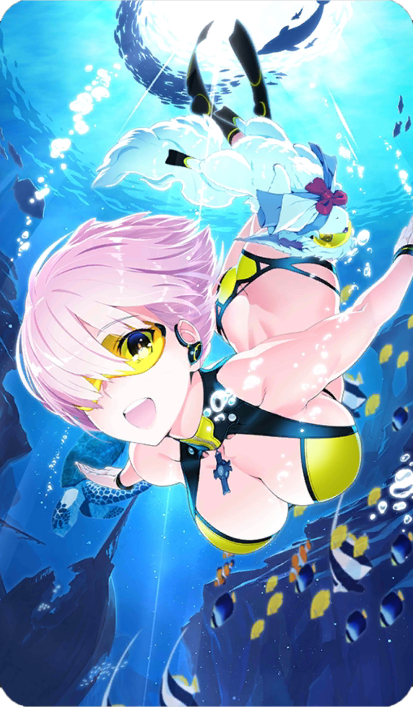 air_bubble ass ass_cutout bikini black_footwear black_wristband blue_capelet breasts bubble butt_crack capelet cleavage cleavage_cutout clothing_cutout craft_essence_(fate) creature cross cross_necklace diving dolphin fate/grand_order fate_(series) female fish fou_(fate) halterneck highres jewelry jpeg_artifacts large_breasts light_purple_hair mash_kyrielight mash_kyrielight_(dive_to_blue) necklace official_art open_mouth resized shaka_p ship smile striped_wristband swimming swimsuit underwater upscaled watercraft wristband yellow-framed_eyewear yellow_bikini zipper