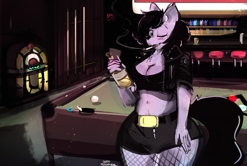 5_fingers absurd_res alcohol anthro ashtray bar bar_stool beer beverage billiard_table biped black_body black_bottomwear black_clothing black_fur black_hair black_outfit black_skirt black_tail black_topwear bottle bottomwear breasts canid canine canis cigarette cigarette_in_mouth cleavage clothed clothing container dark_bottomwear dark_hair dark_pupils dark_skirt dark_tail dark_topwear dirtyscoundrel drinking electronics eyelids female fingers fishnet_clothing fishnet_legwear fully_clothed fur furniture grey_eyes hair hi_res holding_bottle holding_container holding_object inside iris jacket jukebox leather legwear lidded_eyes liquor mammal midriff monotone_breasts monotone_clothing monotone_face monotone_hair monotone_tail monotone_topwear multicolored_body multicolored_fur navel object_in_mouth one_eye_closed pupils purple_body purple_breasts purple_ears purple_face purple_fur signature skirt smoking snooker solo stockings stool table tail topwear two_tone_body two_tone_fur wink wolf