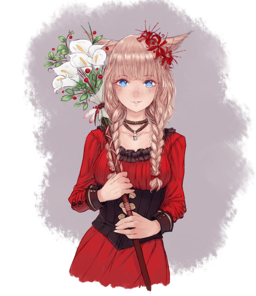 absurdres animal_ears blonde_hair blue_eyes braid cat_ears choker commentary_request corset demstouts dress female final_fantasy final_fantasy_xiv flower hair_flower hair_ornament highres holding long_hair looking_at_viewer miqo'te parted_lips red_dress simple_background smile solo staff twin_braids upper_body warrior_of_light_(ff14) white_mage_(final_fantasy)