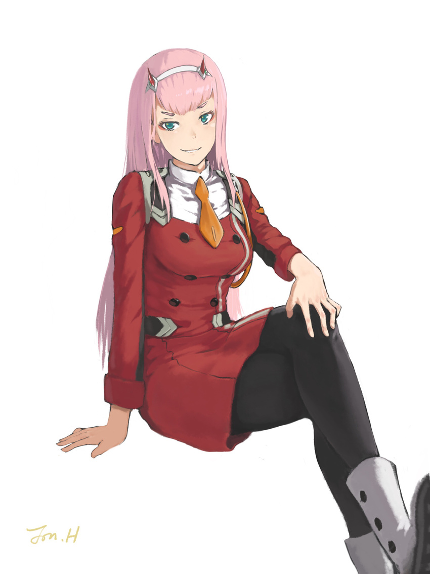 absurdres black_pantyhose blue_eyes boots breasts buttons commentary_request crossed_legs darling_in_the_franxx double-breasted female highres horns jonathan_h long_hair looking_at_viewer medium_breasts military military_uniform pantyhose pink_hair simple_background skirt smile solo uniform white_background zero_two_(darling_in_the_franxx)