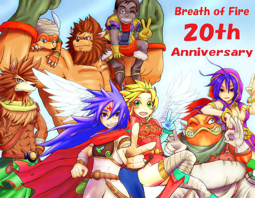 2girls 6+boys anniversary armor blonde_hair blue_eyes blush bracelet breasts breath_of_fire breath_of_fire_i builder_(breath_of_fire) cape cleavage commentary_request danc deis elbow_gloves everyone facial_mark feathered_wings forehead_mark gilliam_(breath_of_fire_i) gloves green_eyes hairband hood horns jewelry leotard manillo md5_mismatch mogu_(breath_of_fire) multiple_boys multiple_girls nina_(breath_of_fire_i) ok_sign one_eye_closed open_mouth red_leotard ryuu_(breath_of_fire_i) smile torisei8 v white_wings wings