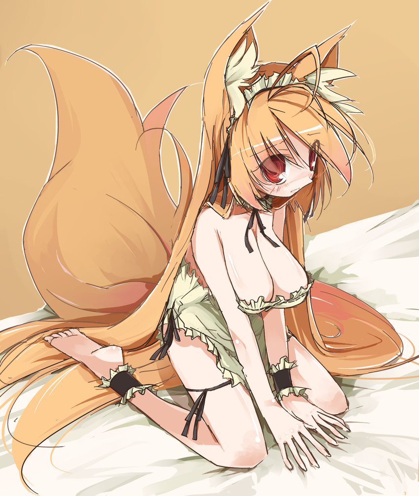 animal_ears bare_shoulders bed blonde_hair breasts cleavage endou_chihiro female female fox_ears fox_tail hair_ornament highres huge_breasts kneeling long_breasts long_hair original red_eyes solo tail