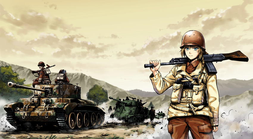 6+boys artistic_error assault_rifle backpack bag belt blonde_hair blue_eyes braid bren_lmg caterpillar_tracks cloud commentary_request cromwell_(tank) england female gun helmet highres light_machine_gun long_hair military military_uniform military_vehicle motor_vehicle mountain multiple_boys nyan_(themare) original outdoors rifle sherman_firefly sky submachine_gun tank thompson_submachine_gun tree uniform weapon