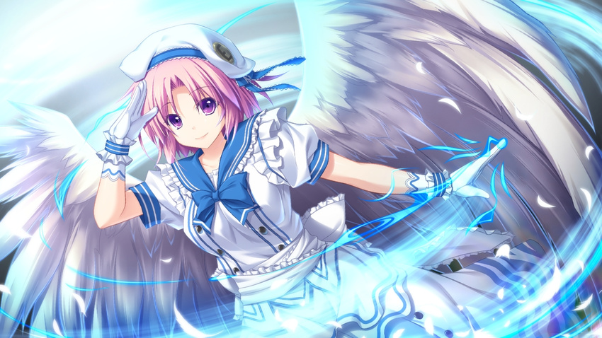 bow eushully game_cg gloves ikusa_megami magic pink_hair purple_eyes short_hair tenbin_no_la_dea_~ikusa_megami_memoria~ uniform wings