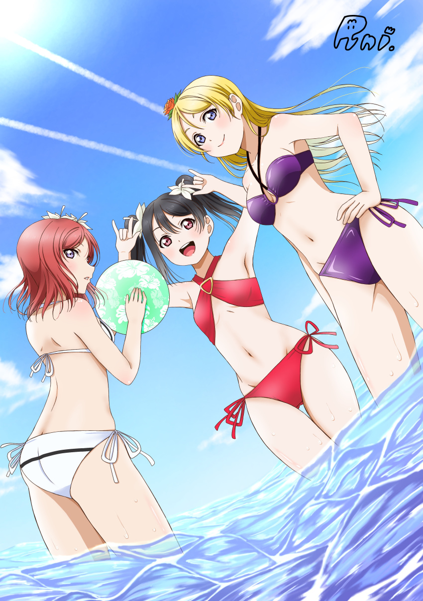 3girls :d absurdres armpits ayase_eli ball bibi_(love_live!) bikini black_hair blonde_hair blue_eyes blush breasts cleavage commentary_request criss-cross_halter cutie_panther floating_hair floral_print flower grey_eyes groin hair_between_eyes hair_flower hair_ornament halterneck hand_on_own_hip hibiscus_print highres holding holding_ball long_hair looking_back love_live! love_live!_school_idol_project medium_breasts multiple_girls navel nishikino_maki open_mouth orange_flower outdoors pretzel_bikini purple_bikini red_bikini red_eyes red_hair runi_(87025) side-tie_bikini_bottom small_breasts smile standing swimsuit twintails wading white_bikini white_flower yazawa_nico