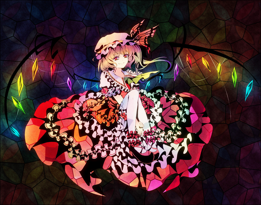 ankle_cuffs bad_id bad_pixiv_id blonde_hair dress eyelashes female flandre_scarlet frills gathers glowing glowing_wings icc looking_at_viewer nail_polish oerba_yun_fang pantyhose red_eyes short_hair side_ponytail sitting smirk solo stained_glass touhou white_pantyhose wings